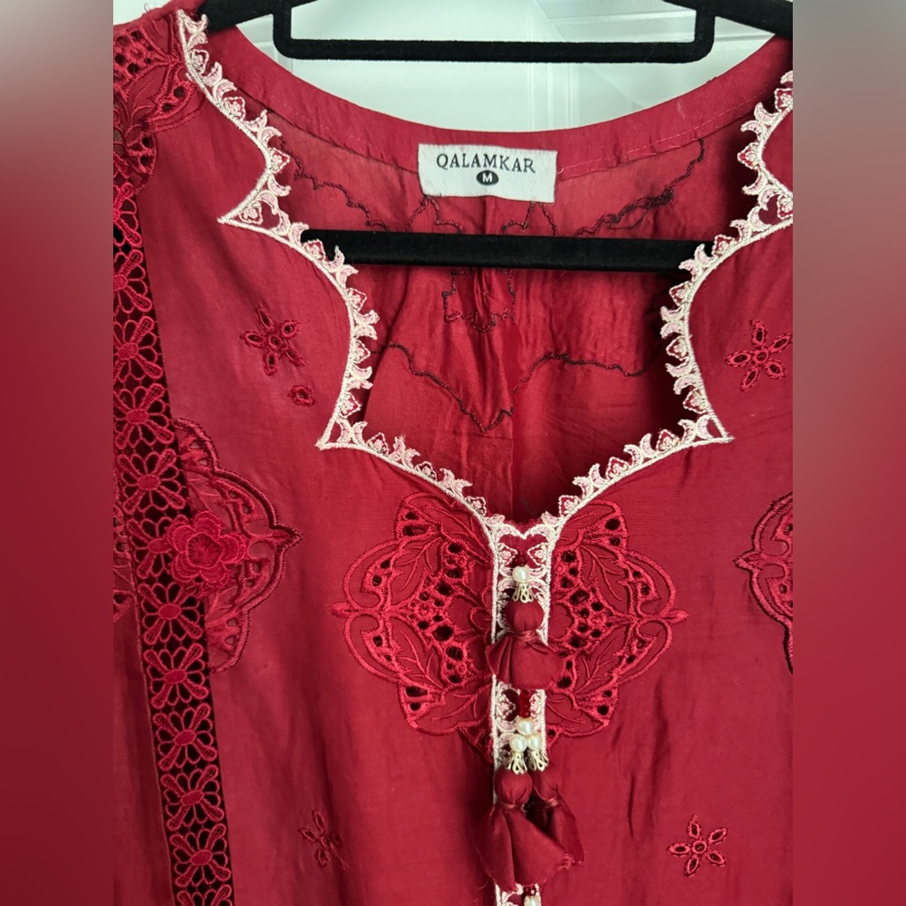 Qalamkar Red Embroidered Suit & pants